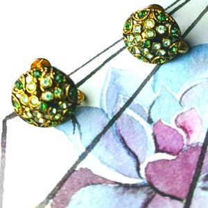 Screw Back Twist-on Green Blue rhinestone Earrings Goldtone Flower Vintage Rare